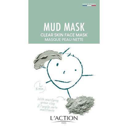 L'Action Paris mud mask packaging with a face illustration and product details.