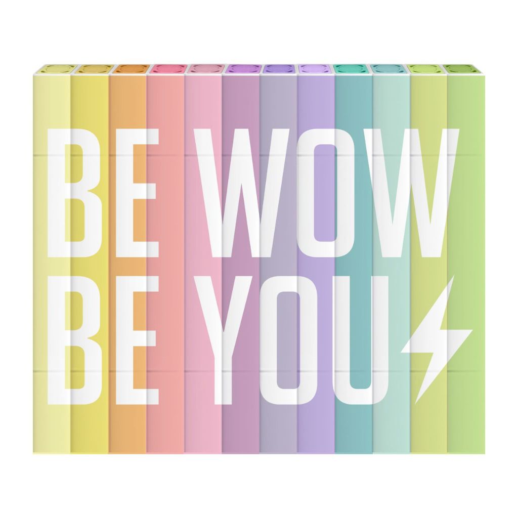 Colorful striped box with 'BE WOW BE YOU' text and a lightning bolt symbol on a white background
