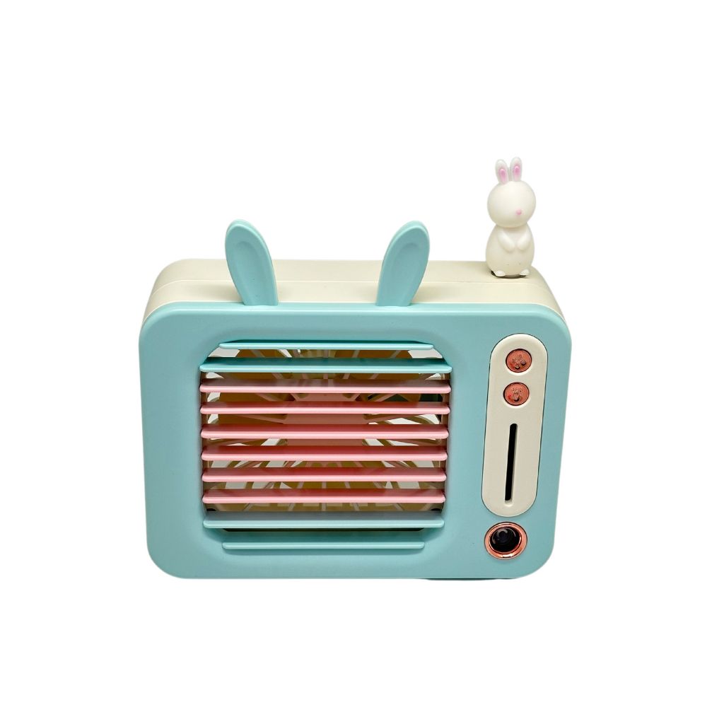 Toy television set with rabbit ears and a small rabbit figure on a white background