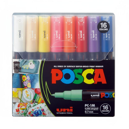 Packaging of POSCA paint markers with 16 colors displayed.
