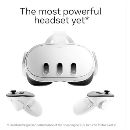 VR headset with controllers on a white background, labeled as 'The most powerful headset yet'.
