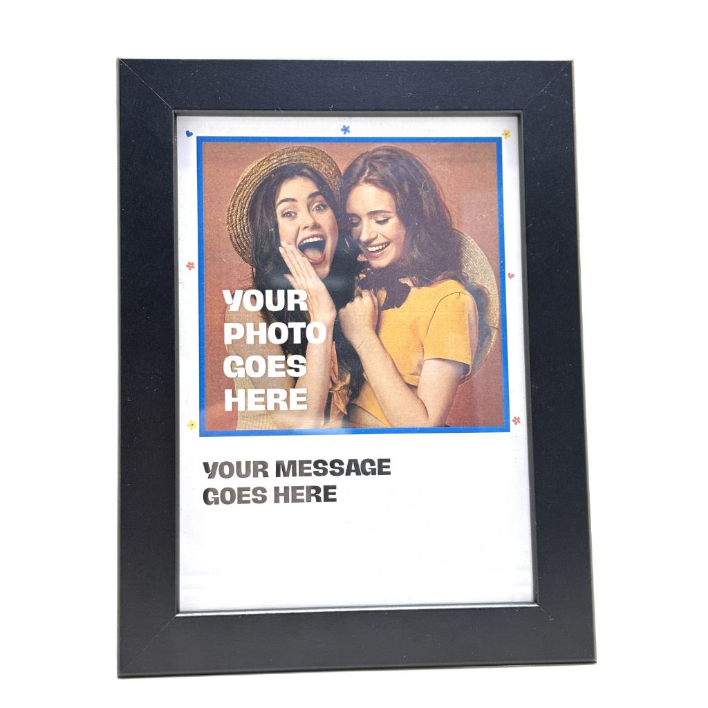 Black photo frame with customizable text and photo area on a white background