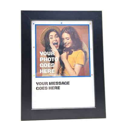 Black photo frame with customizable text and photo area on a white background