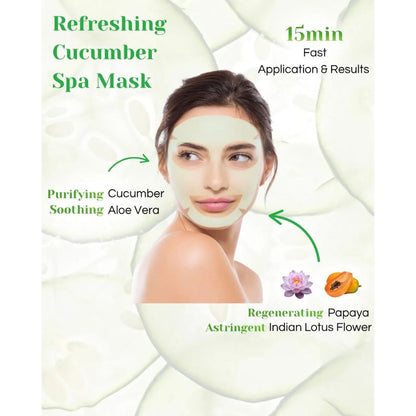 Woman wearing a refreshing cucumber spa mask with product features highlighted.