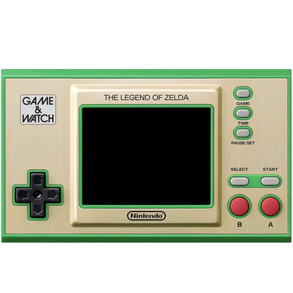 Handheld gaming console with 'The Legend of Zelda' branding on a white background