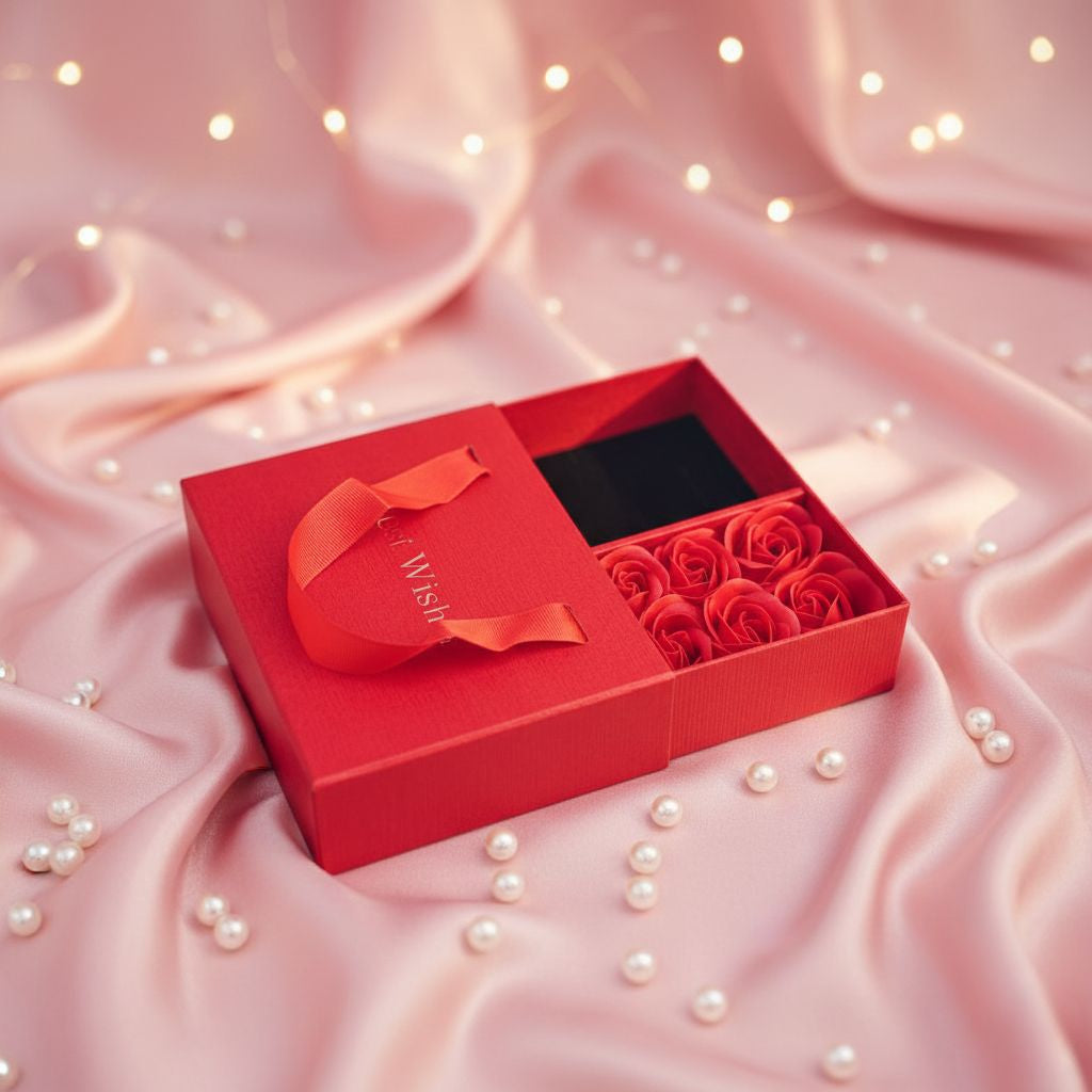 Red gift box with a heart-shaped card and red roses on a pink fabric background