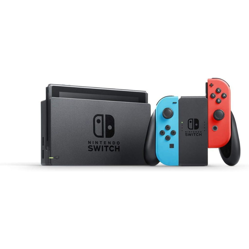 Nintendo Switch console with black controller and red and blue Joy-Con on a white background