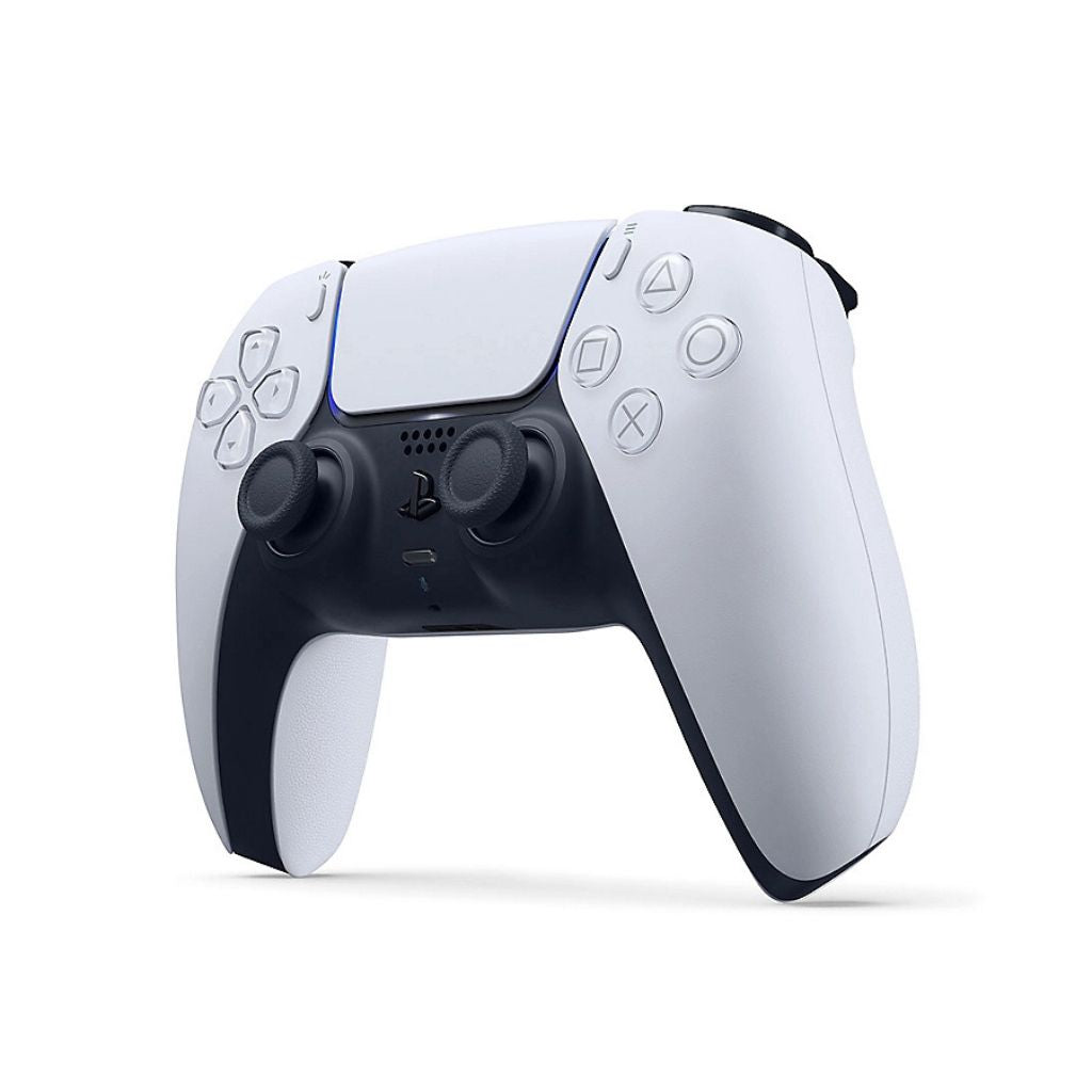 White gaming controller with black accents on a white background