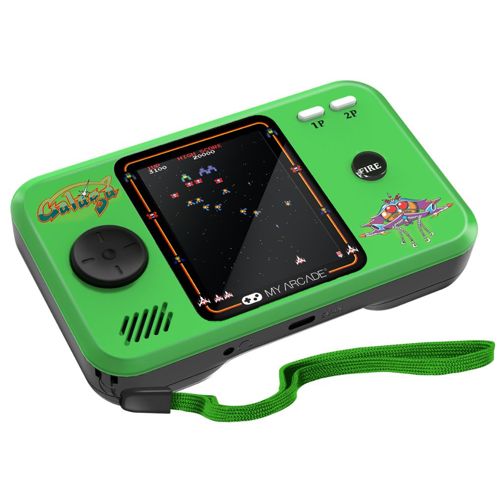 Green handheld game console with a screen displaying a classic arcade game, on a white background.
