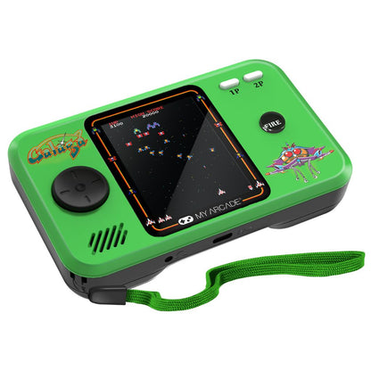 Green handheld game console with a screen displaying a classic arcade game, on a white background.