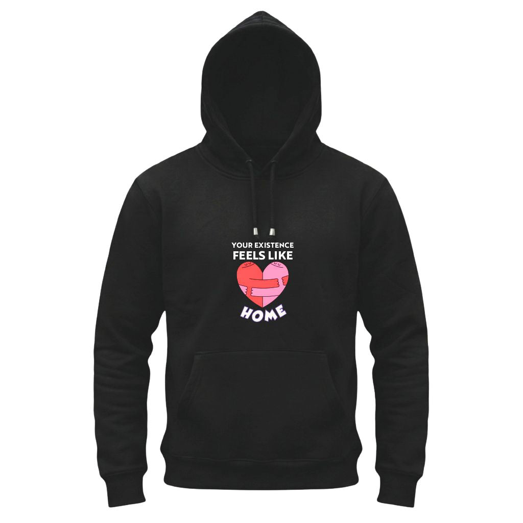 Black hoodie with a heart design and text on a white background
