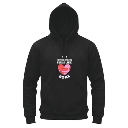 Black hoodie with a heart design and text on a white background