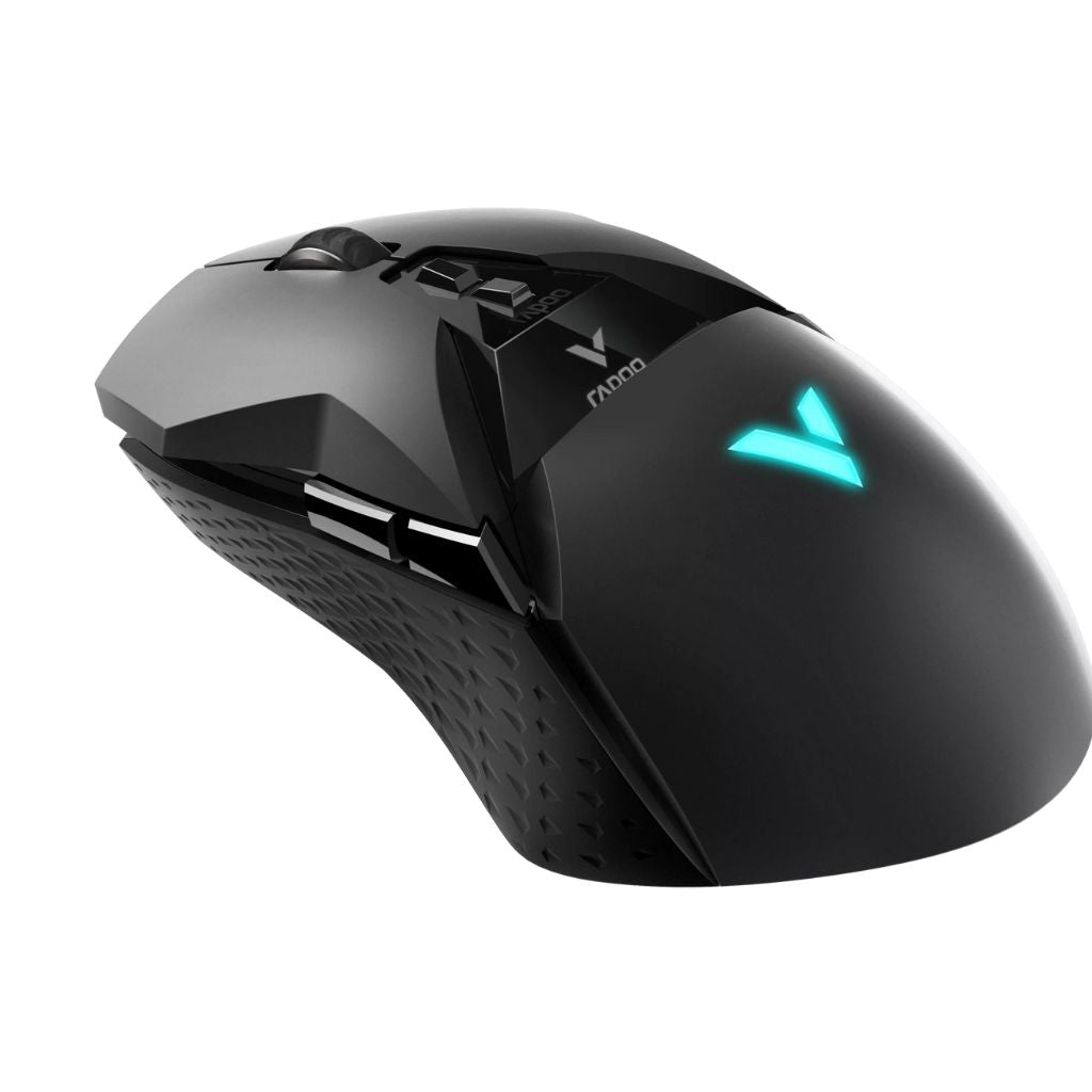 Black gaming mouse with a glowing logo on a white background