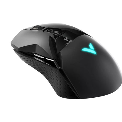Black gaming mouse with a glowing logo on a white background