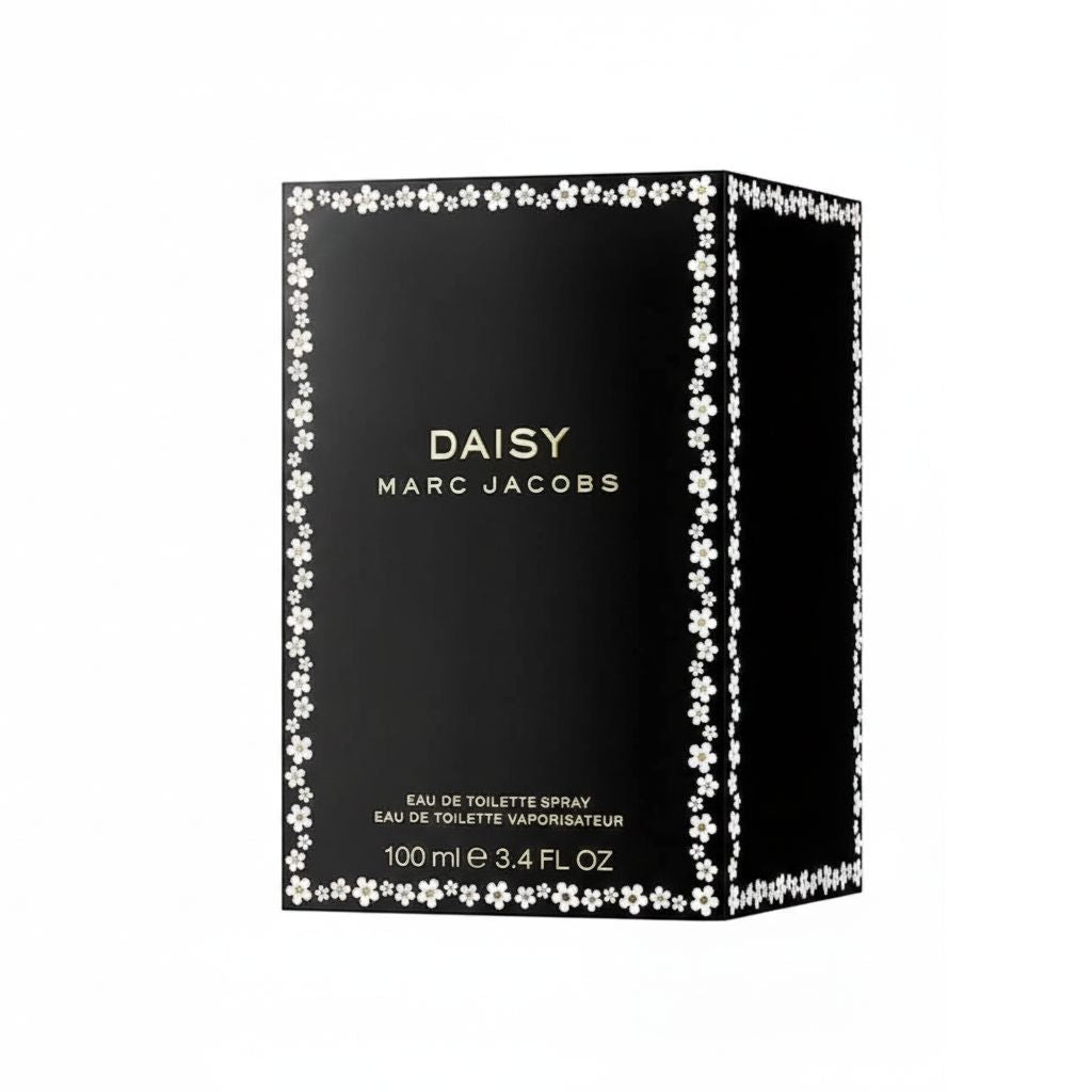 Black packaging of Daisy by Marc Jacobs with white floral designs on a white background