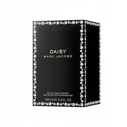 Black packaging of Daisy by Marc Jacobs with white floral designs on a white background