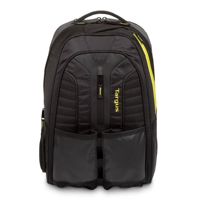 Black Targus backpack with yellow accents on a white background