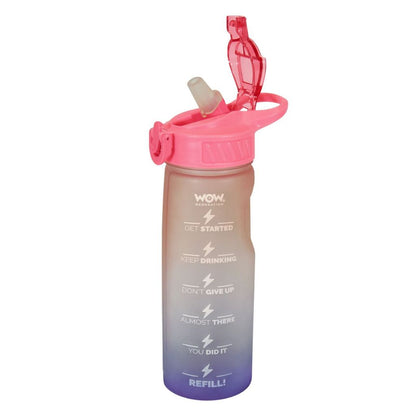 Gradient water bottle with pink lid and motivational text on a white background