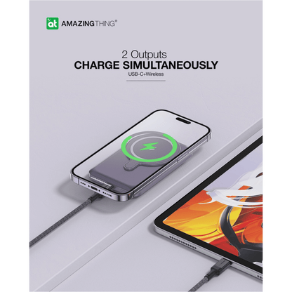 Phone charging pad with 'Amazing Thing' branding and text about simultaneous charging.