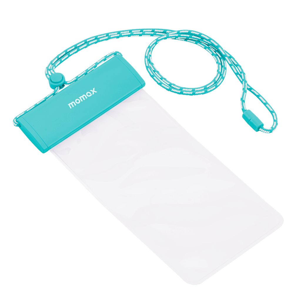 Clear phone case with turquoise top and lanyard on a white background