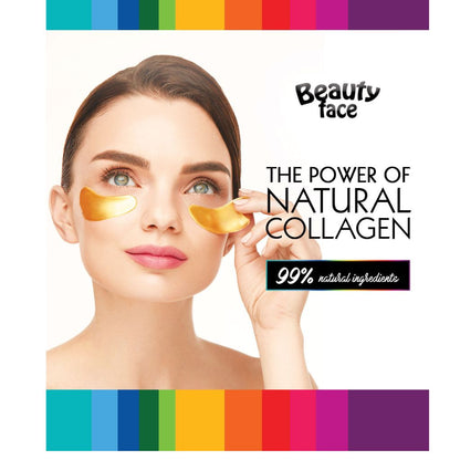 Woman wearing gold eye masks with 'Beauty Face' text and natural collagen claim on a white background.