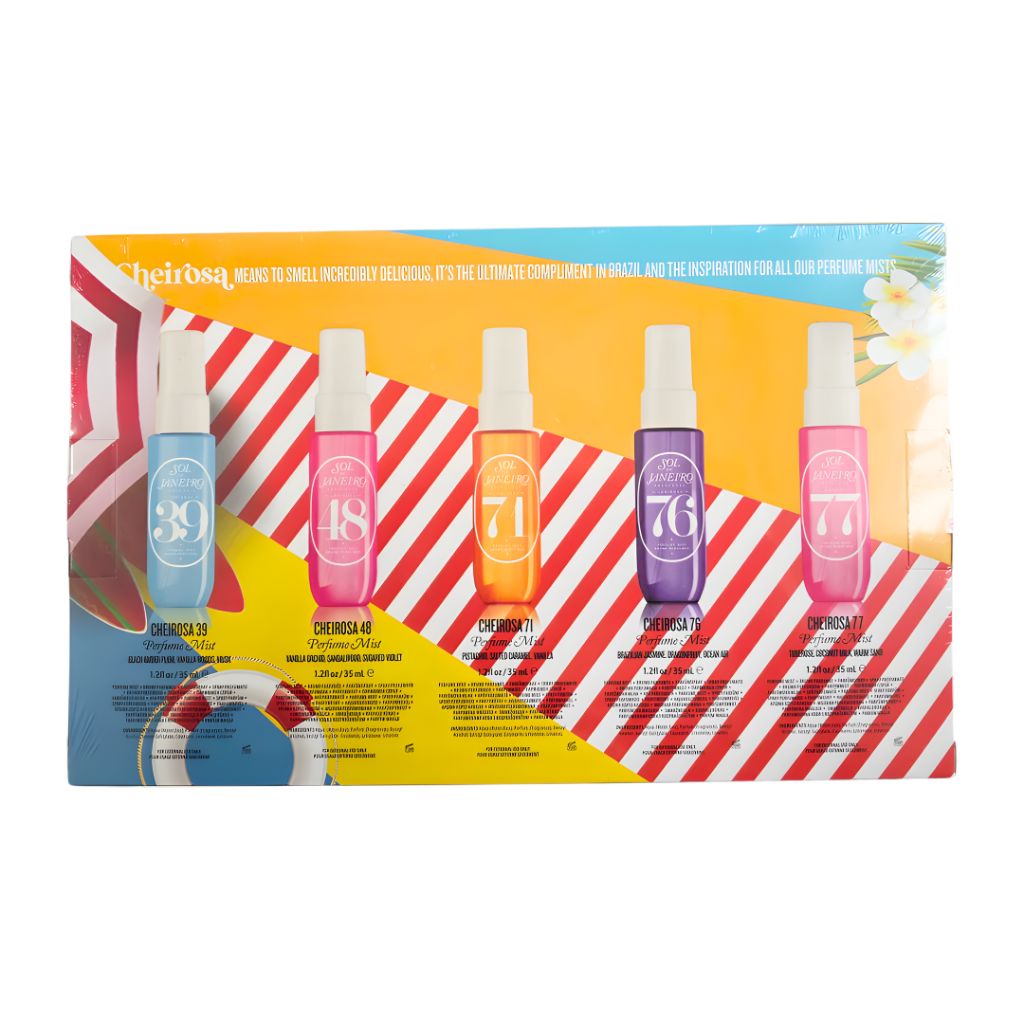 Set of perfume bottles with colorful packaging on a white background