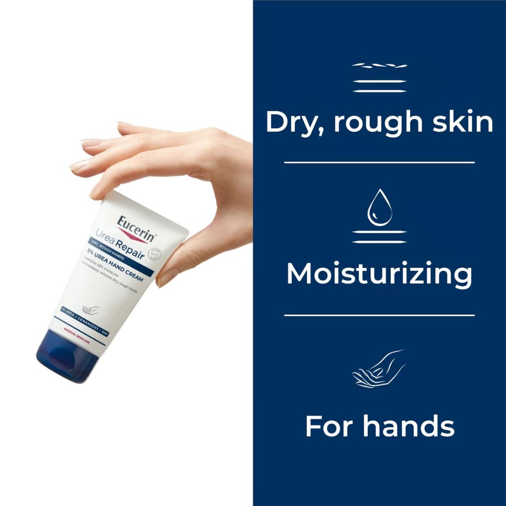 Hand holding a tube of Eucerin hand cream with text on moisturizing dry, rough skin.