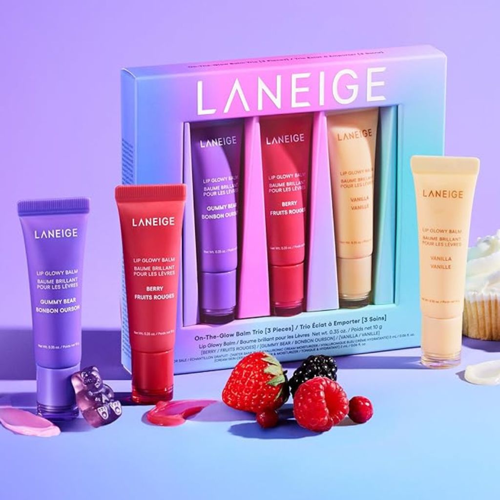 Laneige lip balm set with colorful packaging on a blue background