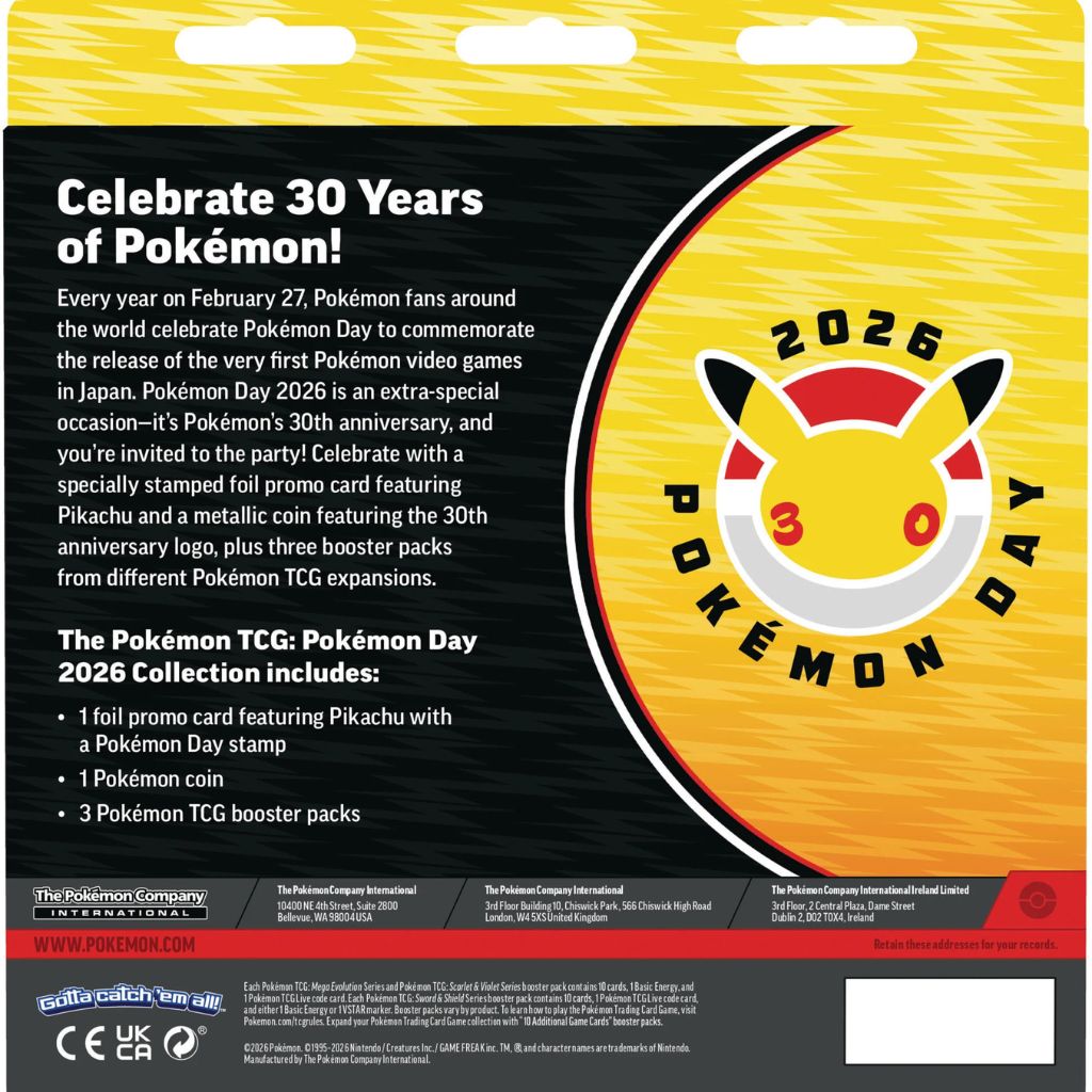 Promotional packaging for Pokémon Day 2026 featuring Pikachu and text about celebrating 30 years of Pokémon.