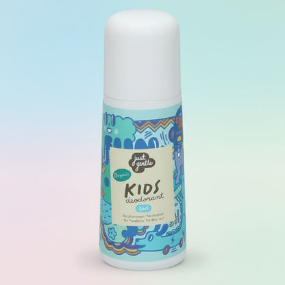 Children's deodorant bottle with colorful design on a light blue background
