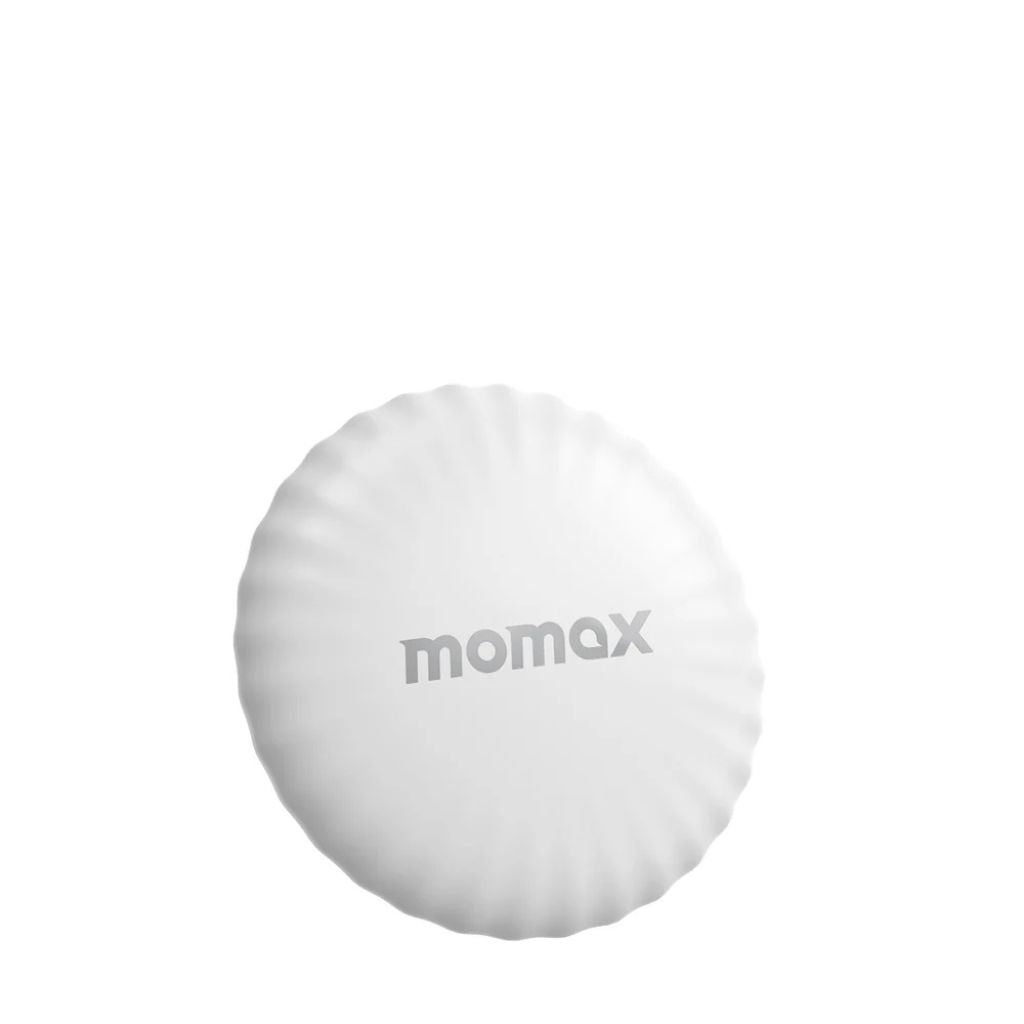 White spherical object with 'momax' branding on a white background