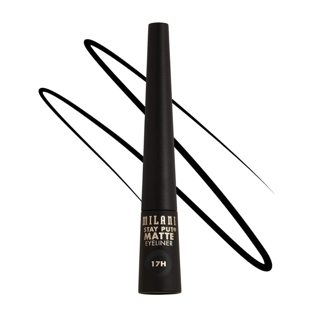 Milani Stay Put Matte Eyeliner with black eyeliner strokes on a white background