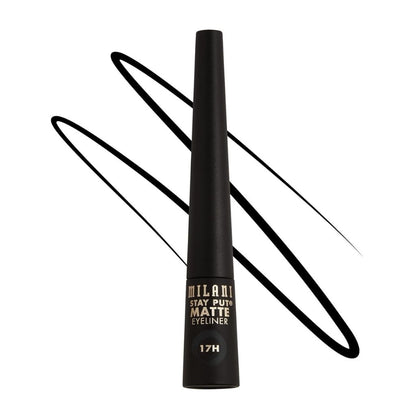 Milani Stay Put Matte Eyeliner with black eyeliner strokes on a white background