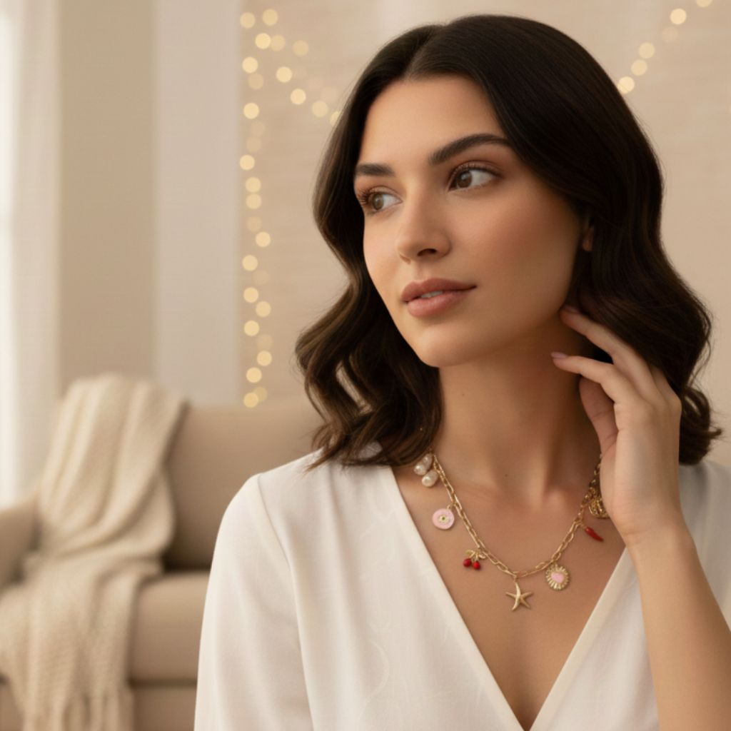 Woman wearing a gold necklace with various pendants in a cozy indoor setting.