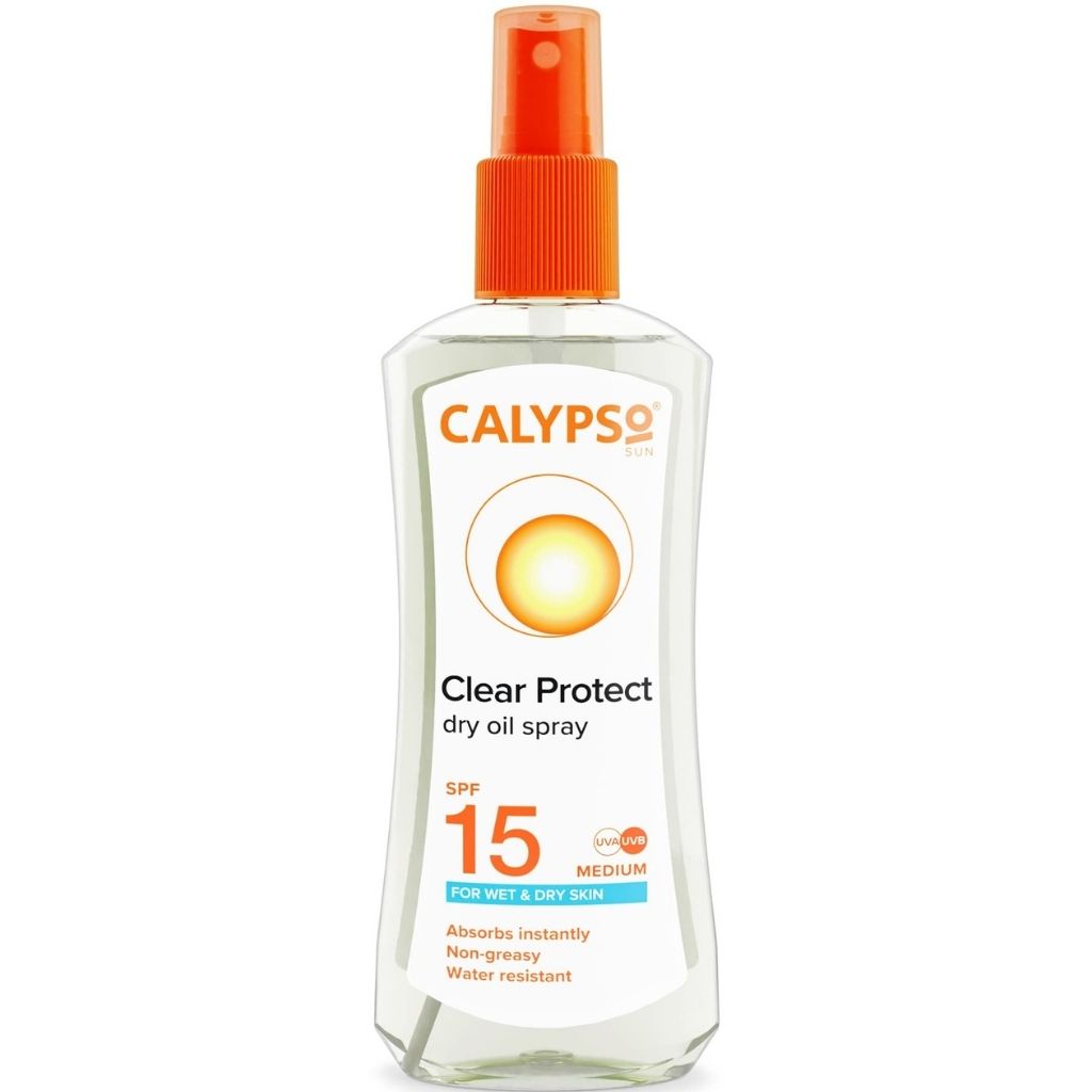 Calypso Clear Protect dry oil spray bottle on a white background