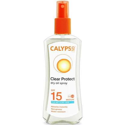 Calypso Clear Protect dry oil spray bottle on a white background