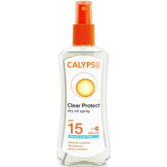 Calypso Clear Protect dry oil spray bottle on a white background