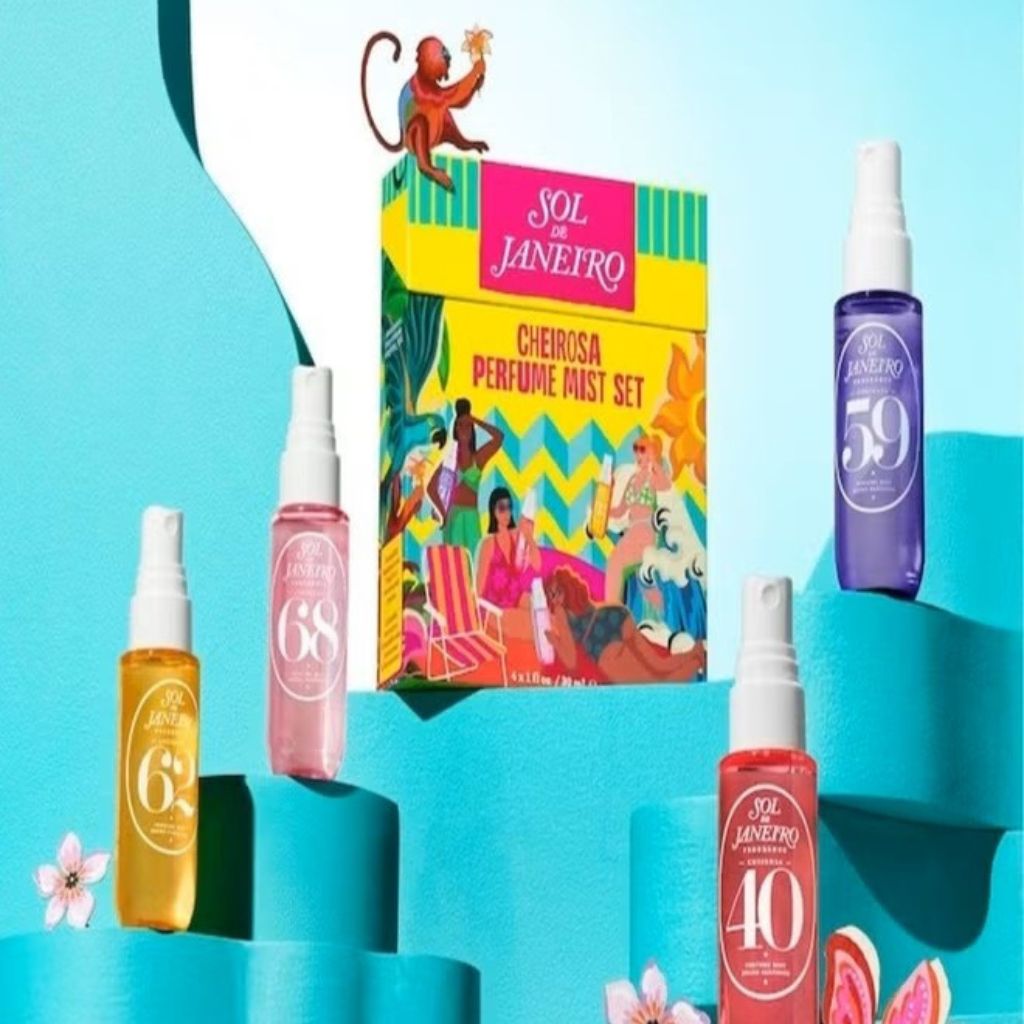 SOL JANEFRO perfume set with colorful packaging and bottles on a blue background