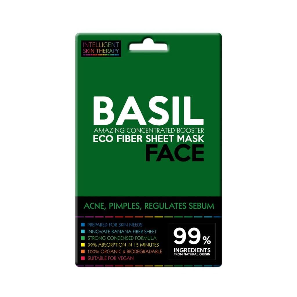 Basil eco fiber sheet mask packaging on a white background