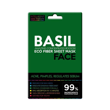 Basil eco fiber sheet mask packaging on a white background