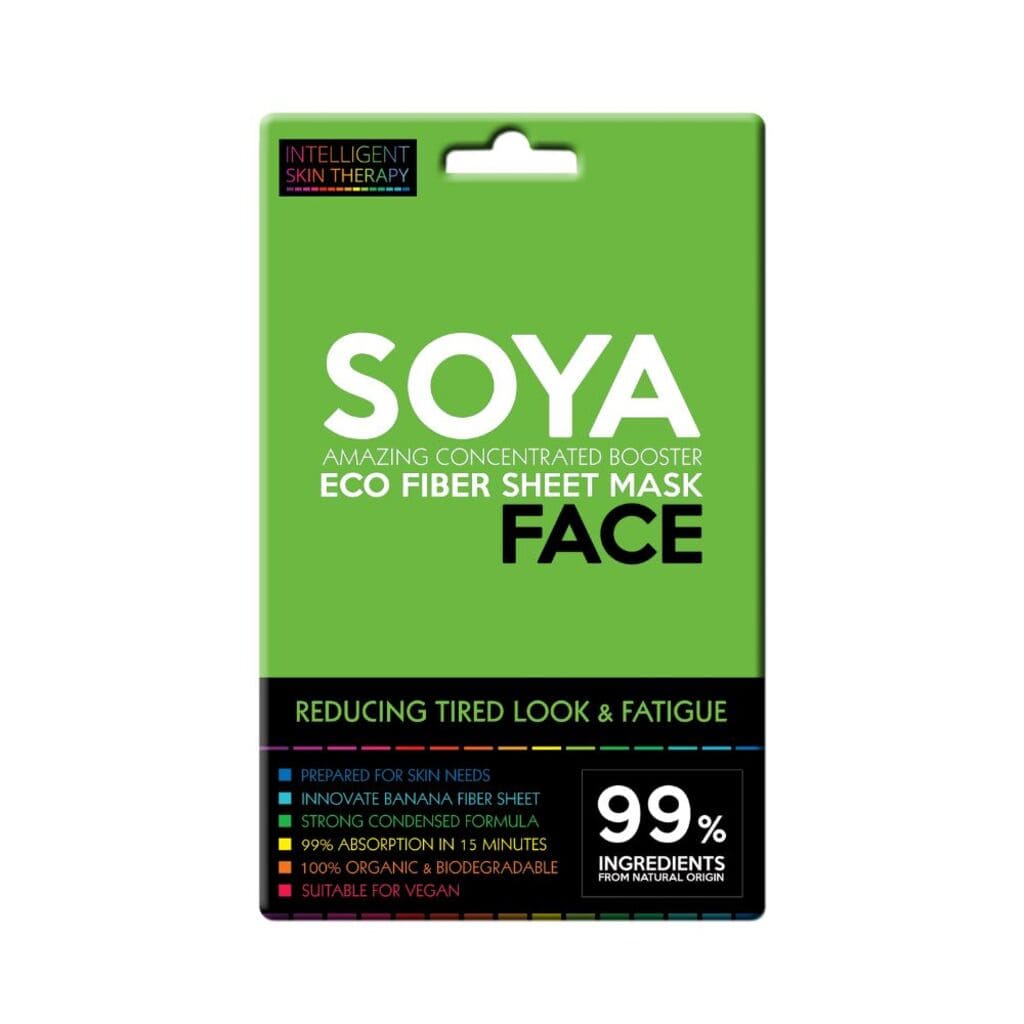 Green package of SOYA Eco Fiber Sheet Mask with text on a white background