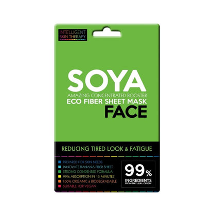 Green package of SOYA Eco Fiber Sheet Mask with text on a white background