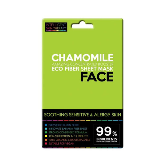 Chamomile eco fiber sheet mask packaging on a white background