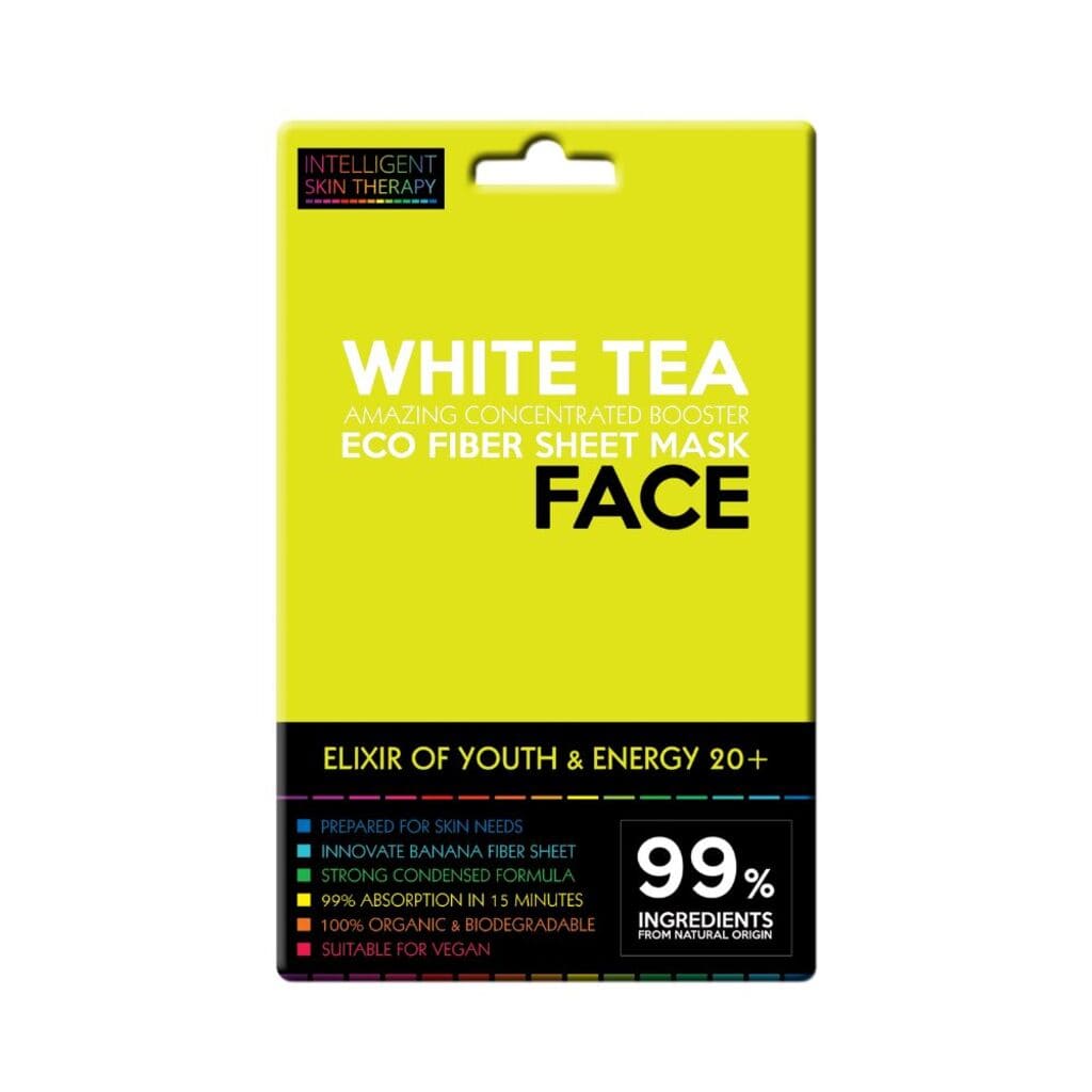 Yellow package of White Tea Eco Fiber Sheet Mask with text on a white background