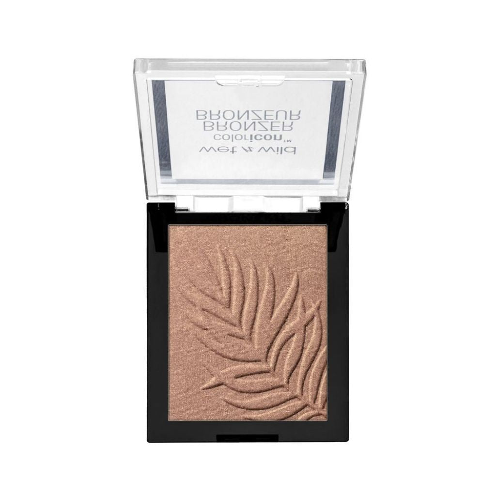 Bronzer with leaf design in a compact case on a white background