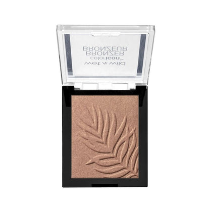 Bronzer with leaf design in a compact case on a white background