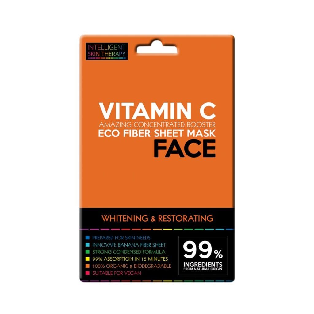 Vitamin C face mask packaging with orange and black design on a white background
