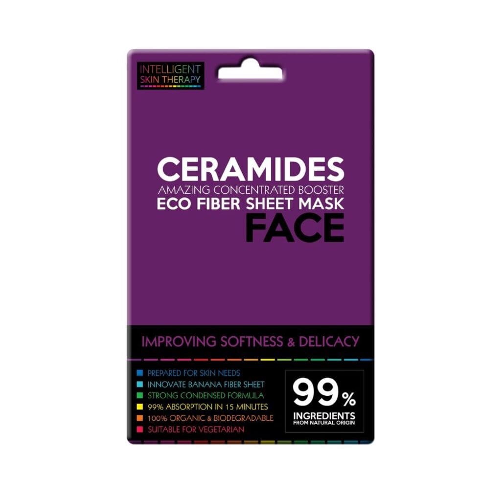 Packaging of Ceramides Eco Fiber Sheet Mask with purple background and white text.