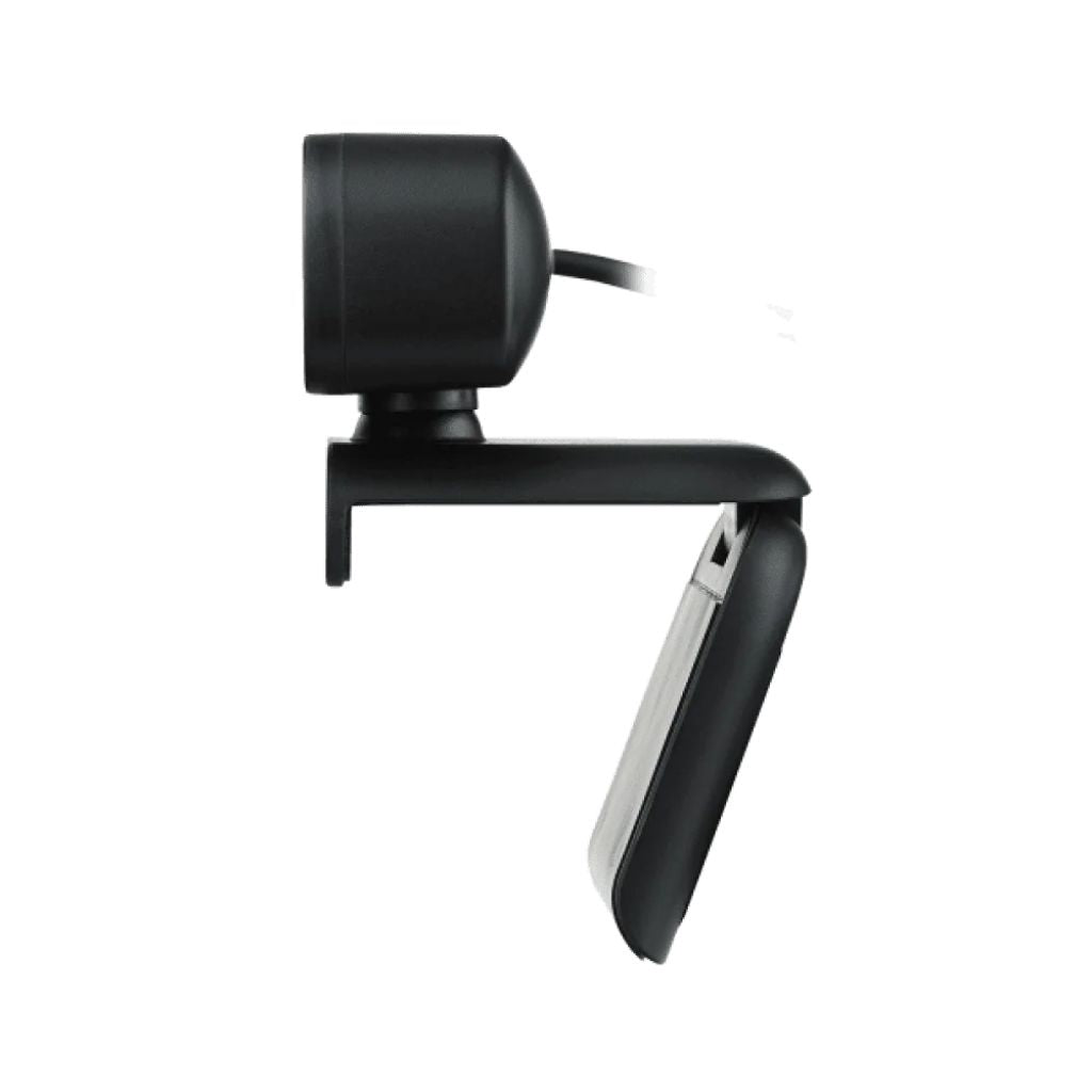 Black webcam with a microphone on a white background