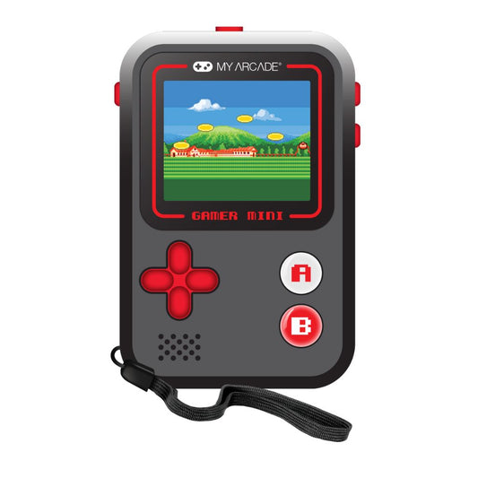 Handheld game console with screen displaying a classic game, branded 'My Arcade'.